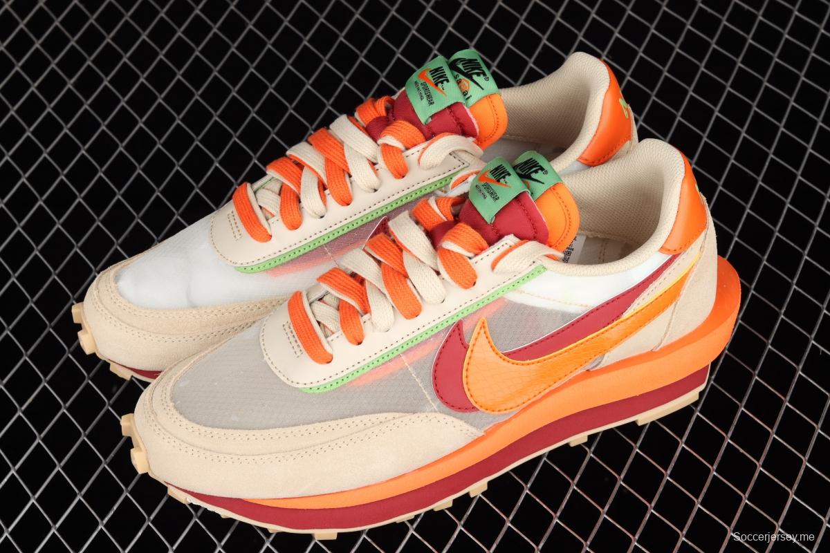 CLOT x Sacai x NIKE LDWaffle Net Orange Blaze joint overlapping design avant-garde waffle deformation rice orange color match casual jogging shoes DH1347-100