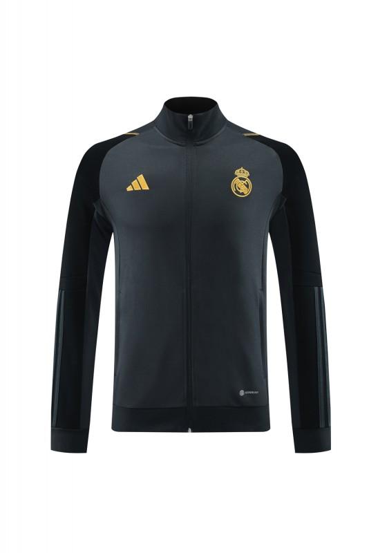 23/24 ريال مدريد جاكيت + بنطلون بسحاب كامل رمادي/أسود + بنطلون رمادي/أسود
