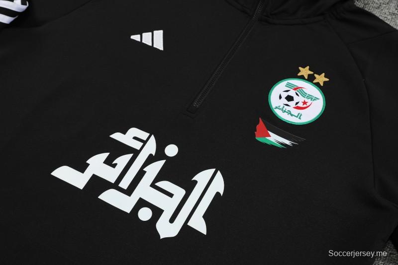 2024 هودي جزائري أسود بسترة بغطاء للرأس وسحاب كامل بغطاء للرأس + بنطلون
