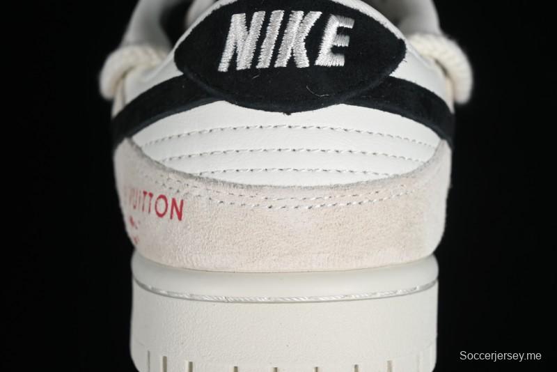 Nike SB Dunk Low LV Collaboration Anniversary Customized Sneakers in Off-White Black Swoosh Triple Floral - SJ2068-235