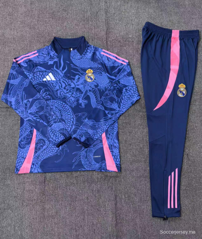 24/25 أطفال ريال مدريد أزرق داكن نصف سحاب جاكيت تنين + بنطال طويل + بنطلون طويل