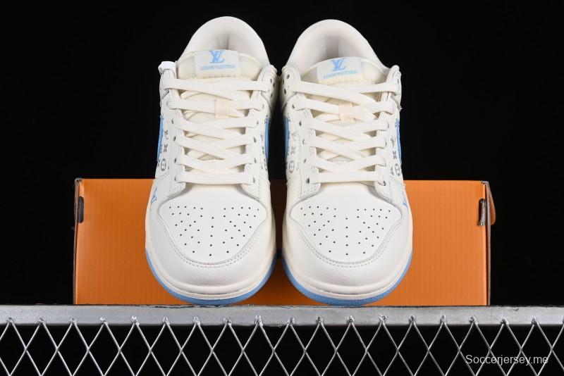 Nike SB Dunk Low LV Collaboration - Beige Blue Double Swoosh Print Anniversary Custom Low-Top Casual Sneakers - CF3688-005