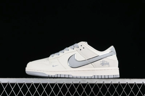 Stussy x Nike SB Dunk Low Retro Premium Sneakers in Off-White Light Grey Swoosh - DQ1098-377
