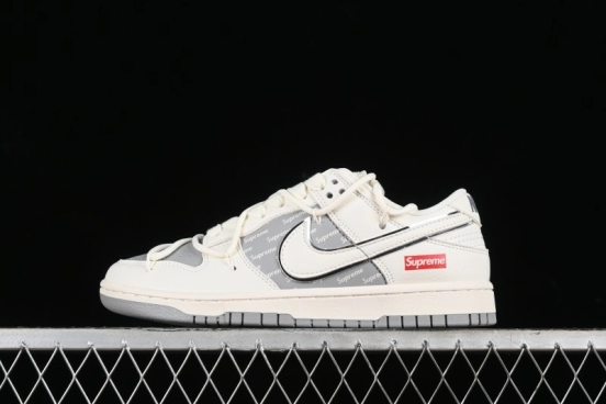 Nike SB Dunk Low Supreme Collaboration - Beige White Fox Lettering Anniversary High-End Custom Low-Top Casual Skate Shoes - JJ5688-106