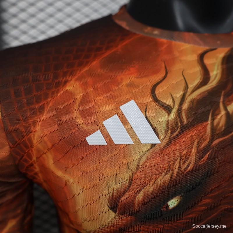 إصدار اللاعب 25/26 ريال مدريد 25/26 قميص ريال مدريد زها برتقالي مع قميص محارب التنين
