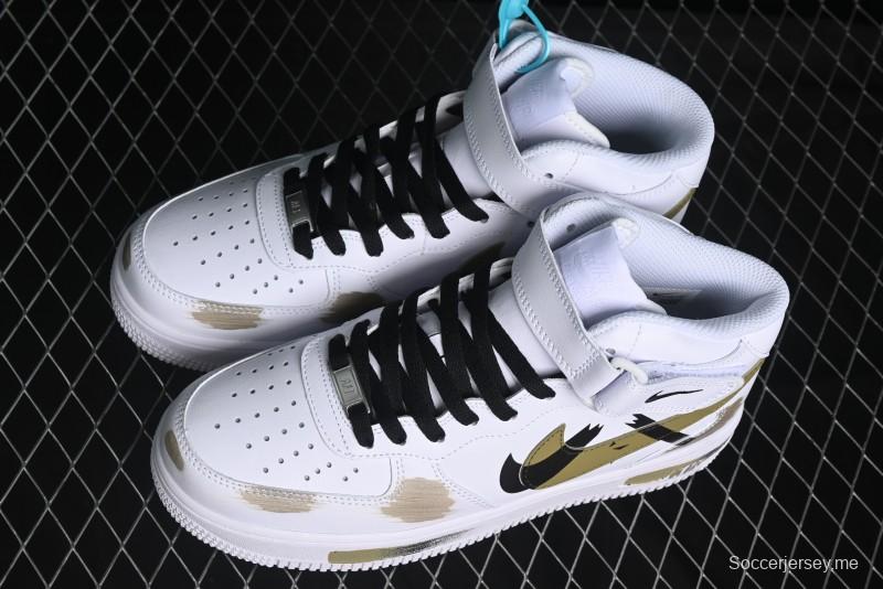 Nike Air Force 1 '07 Mid Hand-Painted Olive Green with Swoosh Shadow Strap Mid-Top Casual Sneakers - CW2289-111