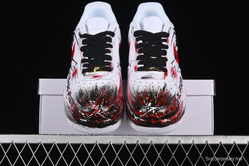 Nike Air Force 1 '07 Low Casual Sneakers with 2D Black and White Hand-Painted Blood Night Stitching Design - CW8822-011