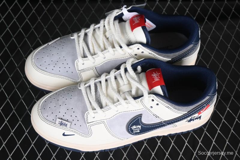 Nike SB Dunk Low Stussy Collaboration Signature Navy Swoosh Anniversary Custom Low-Top Casual Skate Shoes - DM6868-034