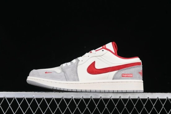 Nike Air Jordan 1 Low AJ1 Supreme Collaboration - White Grey Red Swoosh Retro Basketball Shoes - SJ9950-024