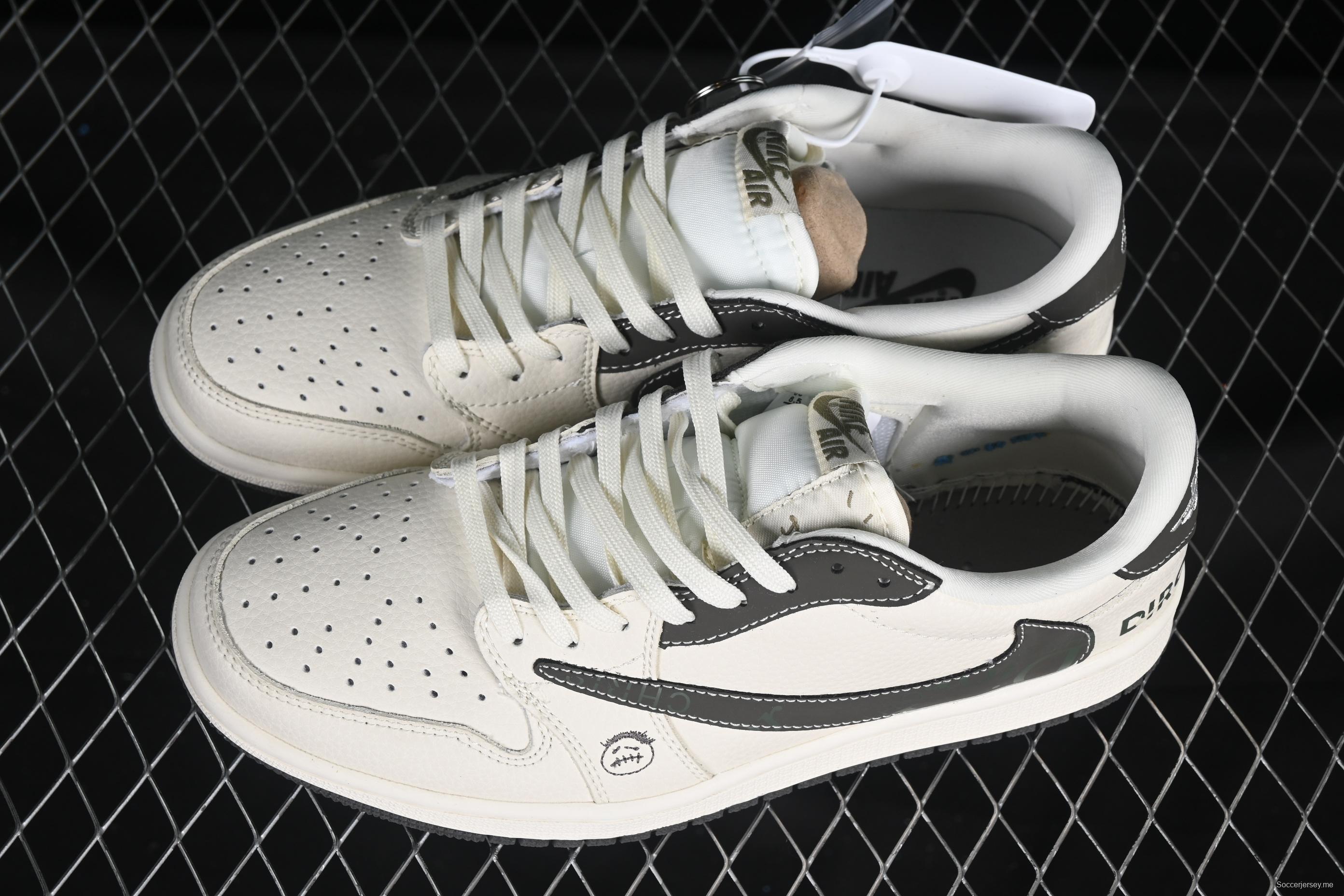 Nike Travis Scott x Fragment Design x Air Jordan 1 Low OG SP AJ1 Retro Sneakers with Reverse Swoosh and Cactus Jack Branding - LD2025-006