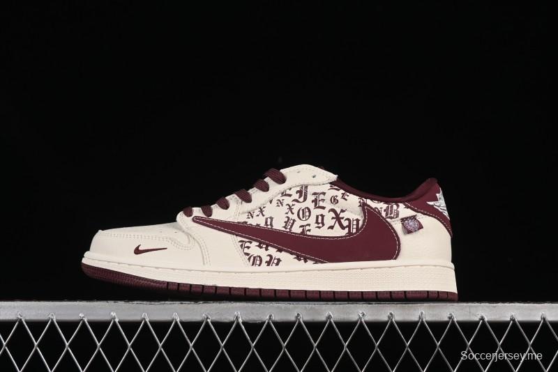 نايكي ترافيس سكوت × فراجمينت ديزاين × اير جوردان 1 اير جوردان 1 اوج 1 اوج 1 اكس هودي AJ1 كروس تعاون بني مطبوع حذاء رياضي كاجوال منخفض الرقبة - LD2025-016