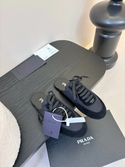 2025 Women Prada Black Suede Nylon Casual Lace-up Shoes