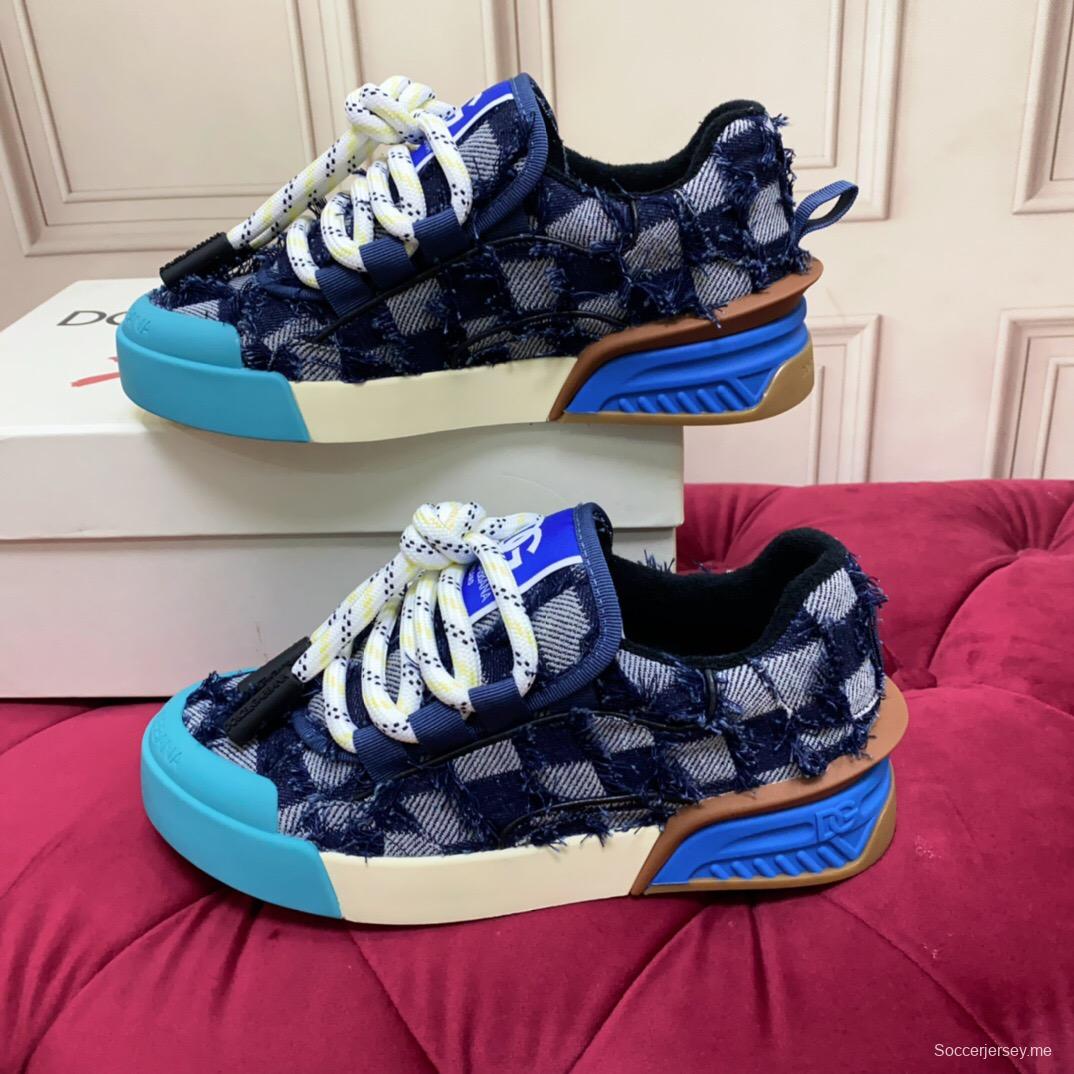 2025 Unisex Dolce & Gabbana Blue White Brown Denim Leather Sneakers