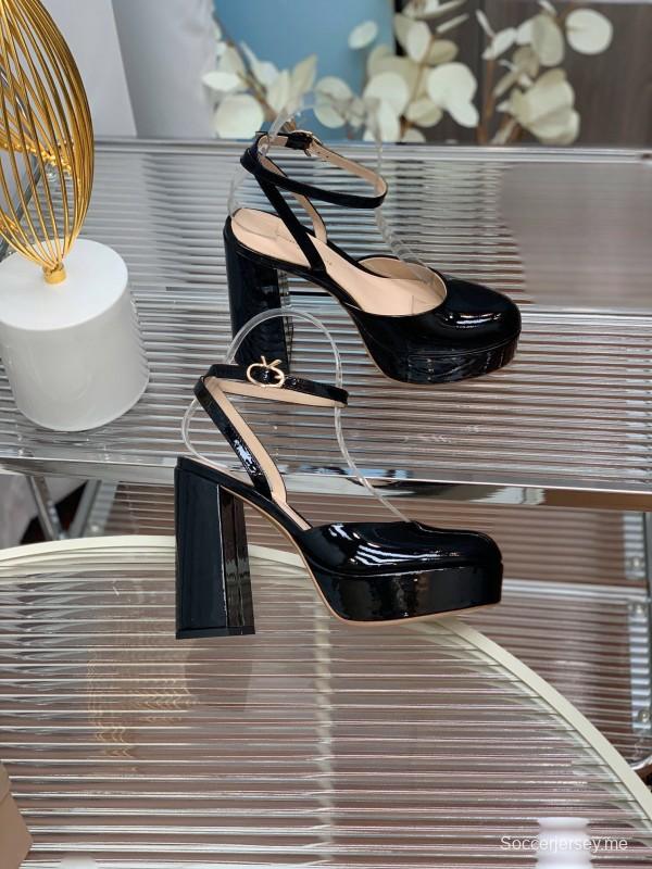 2025 Women Gianvito Rossi Black Patent Leather Platform Sandals KFY00340