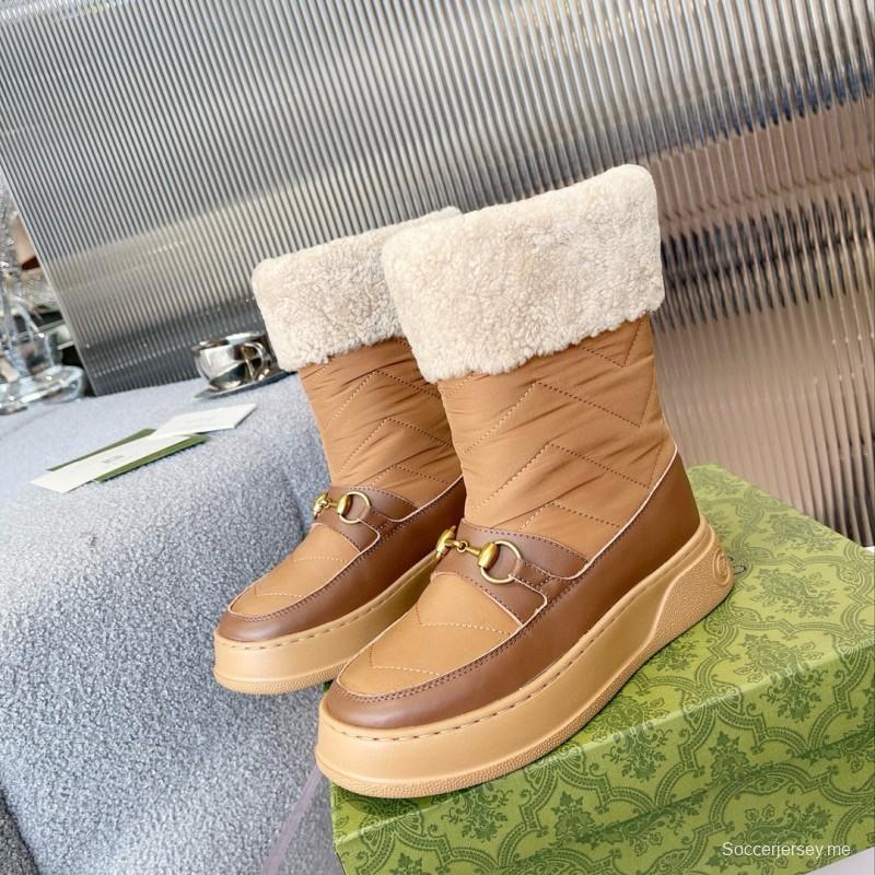 2024 Women Gucci Brown Tan Leather Shearling Lined Snow Boots MJ00420