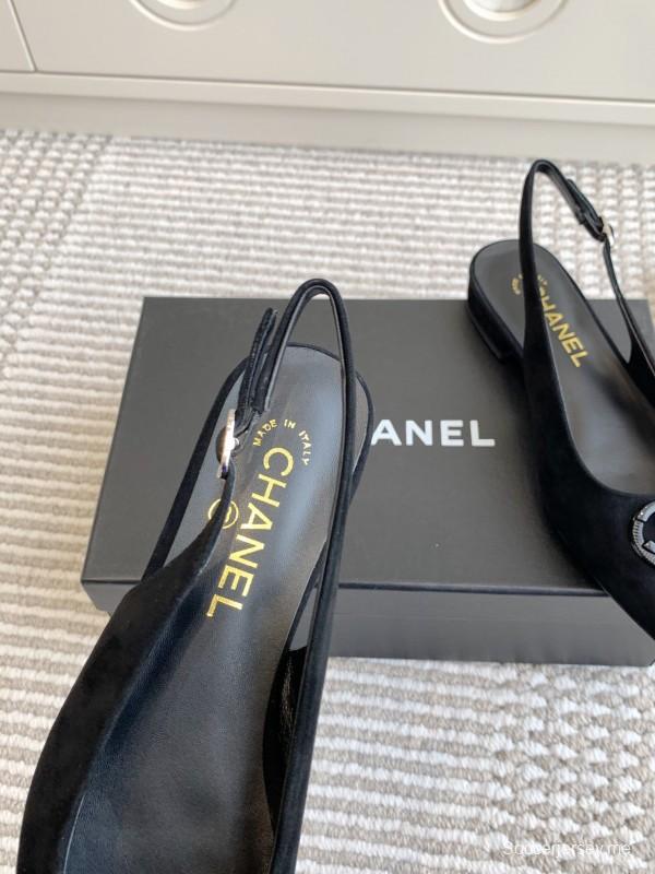 2025 Women Chanel Black Suede Slingback Heart Logo Flats KFY00300