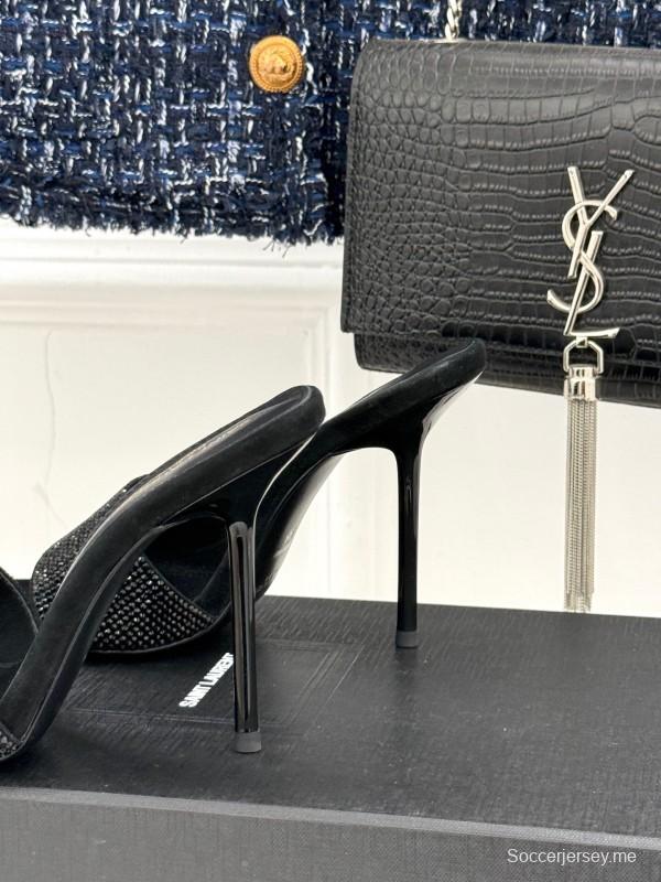 2025 Women Yves Saint Laurent Black Rhinestone Leather High Heel Slippers LY00300