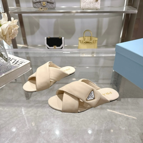 2025 Women Prada Cream Leather Slippers