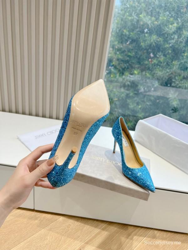2025 Women Jimmy Choo Blue Glitter Leather Pumps