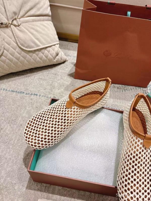 2025 Women Le Parmentier Beige Brown Mesh Ballet Flats Handmade LY00250