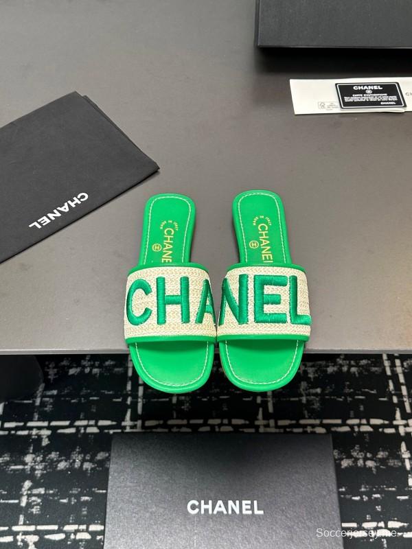 2025 Women Chanel Green Canvas Slippers