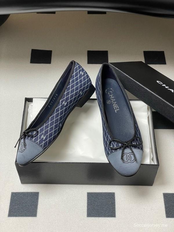 2025 Women Chanel Blue Denim Leather Ballet Flat