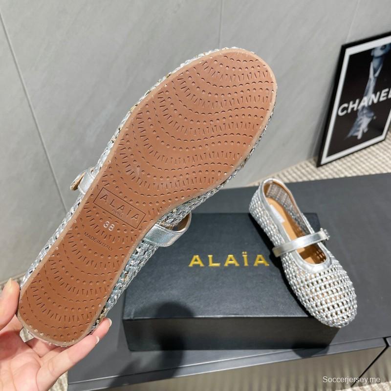 2025 Women Alaïa Silver Leather Woven Mary Jane Flats LY00360(F)
