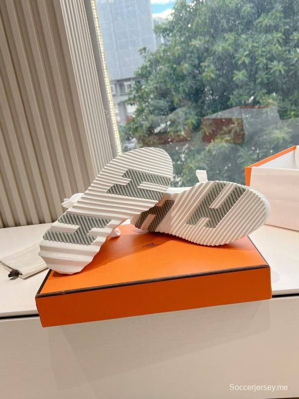 2024 Unisex Hermès Gray White Orange Calf Leather Suede Knit Sneakers MJ00290