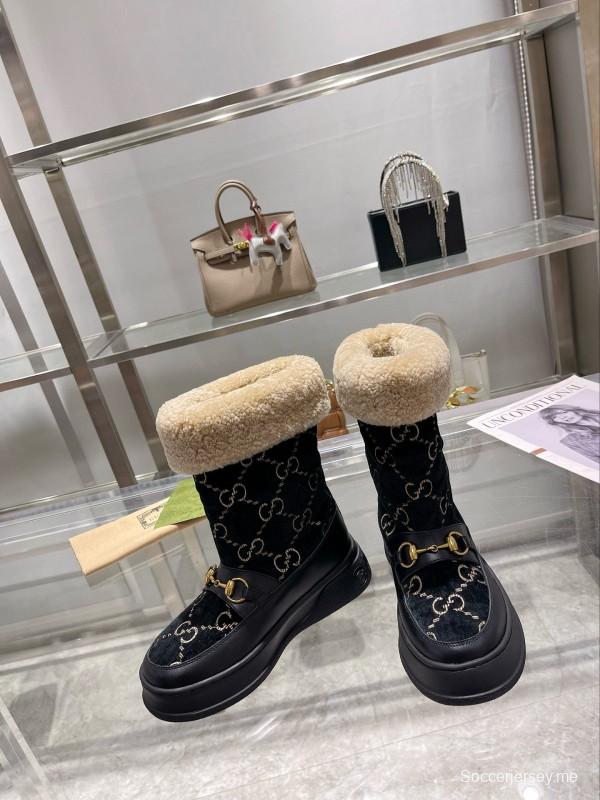 2024 Women Gucci Black Shearling Leather Snow Boots MJ00420