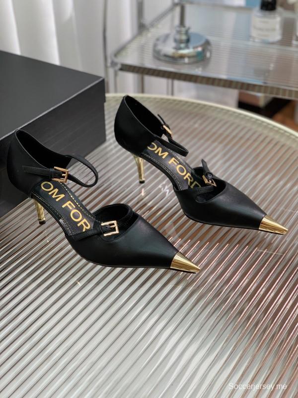 2025 Women TOM FORD Black Gold Leather Heels Metal Toe KFY00320