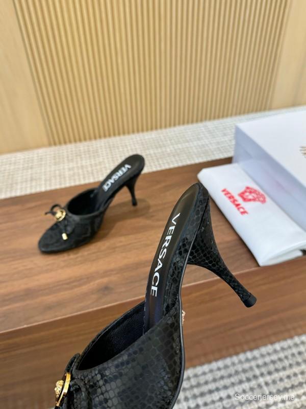 2025 Women VERSACE Black Leather Mule Heels LY00250