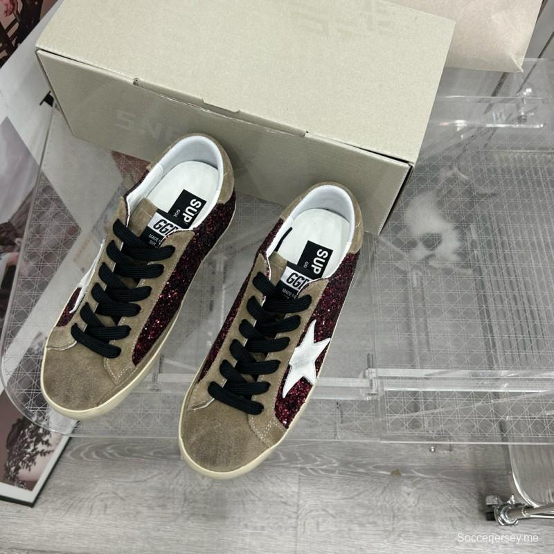 2025 Women GGDB Burgundy White Suede Glitter Sneakers