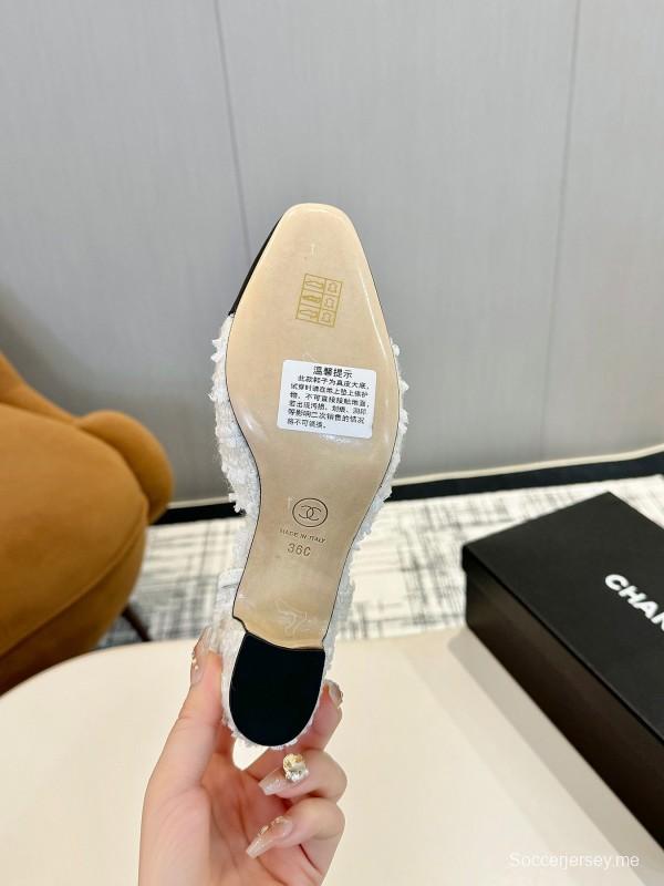 2025 Women Chanel White Black Tweed Patent Leather Slingback LY00240