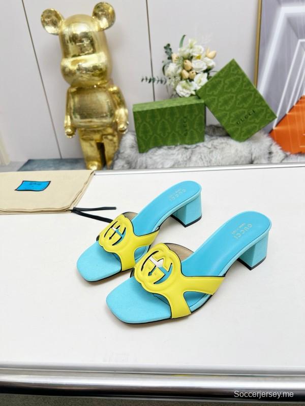 2025 Gucci Blue Yellow Leather Slippers