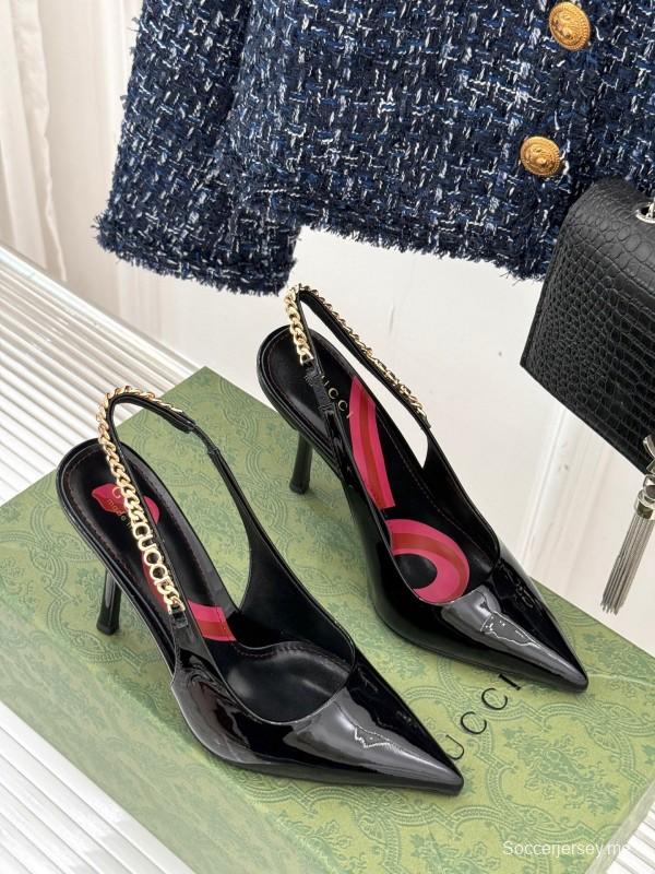 2025 Women Gucci Black Patent Leather Slingback High Heel Chain Detail