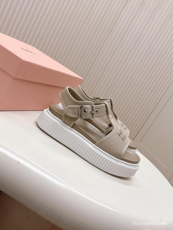2025 Women Miu Miu Beige Canvas Sandals Buckle LY00360