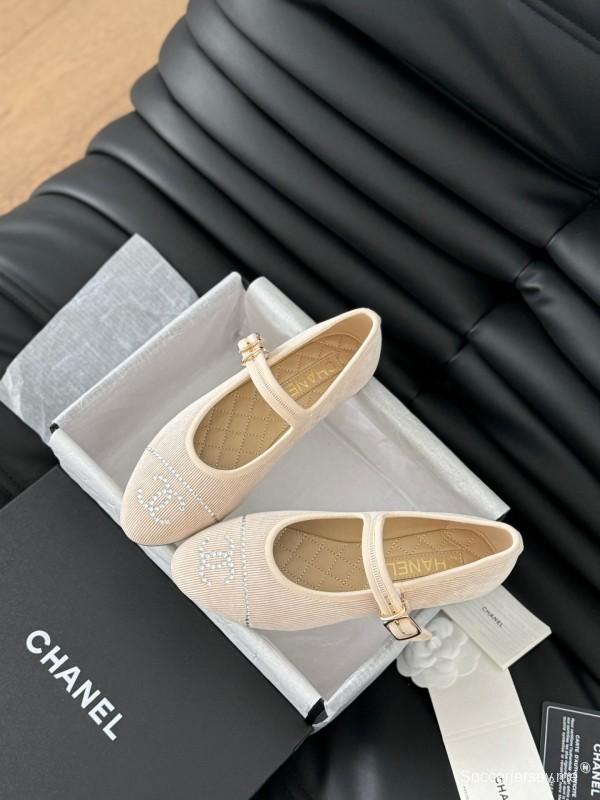 2025 Women Chanel Beige Fabric Mary Jane Embroidery LY00280