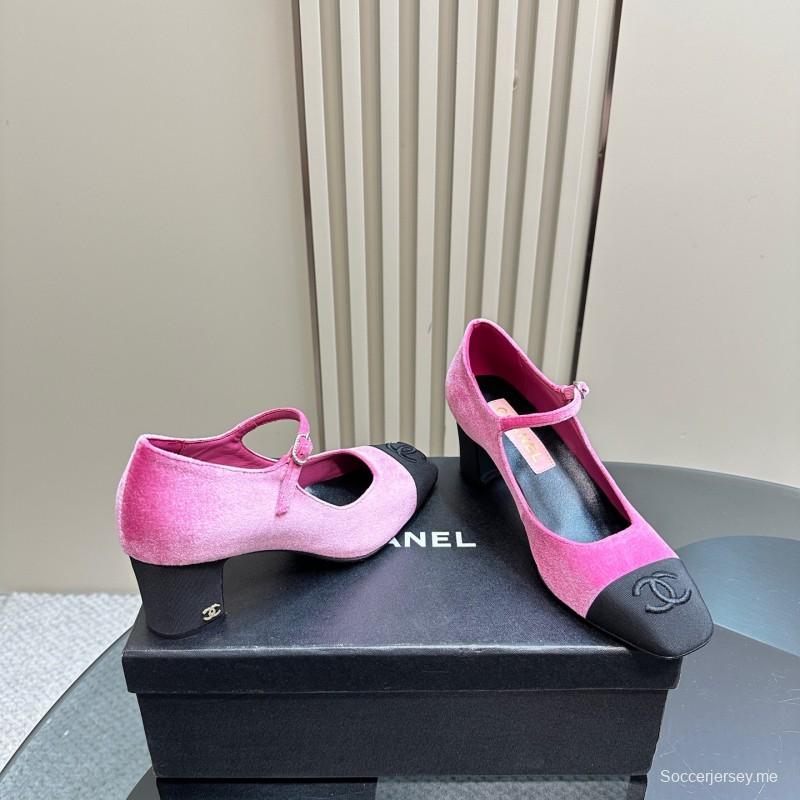 2025 Women Chanel Pink Black Velvet Mary Jane Shoes