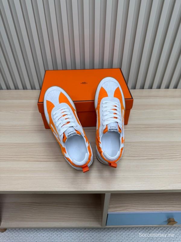 2025 Unisex Hermès Orange White Suede Nylon Sneakers Top Version LY00310