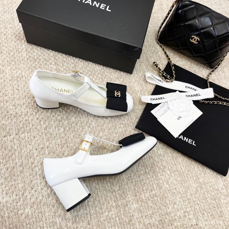 2025 Women Chanel White Black Leather Mary Jane Bow KFY00310