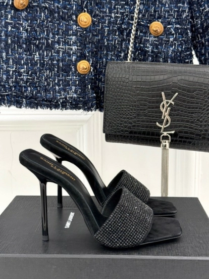 2025 Women Yves Saint Laurent Black Rhinestone Leather High Heel Slippers LY00300