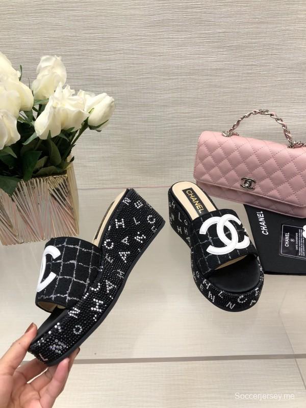 2025 Women Chanel Black Fabric Wedge Platform Slippers LY00320