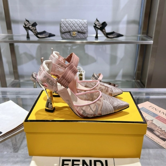 2025 Women Fendi Pink Beige Fabric Leather High Heels