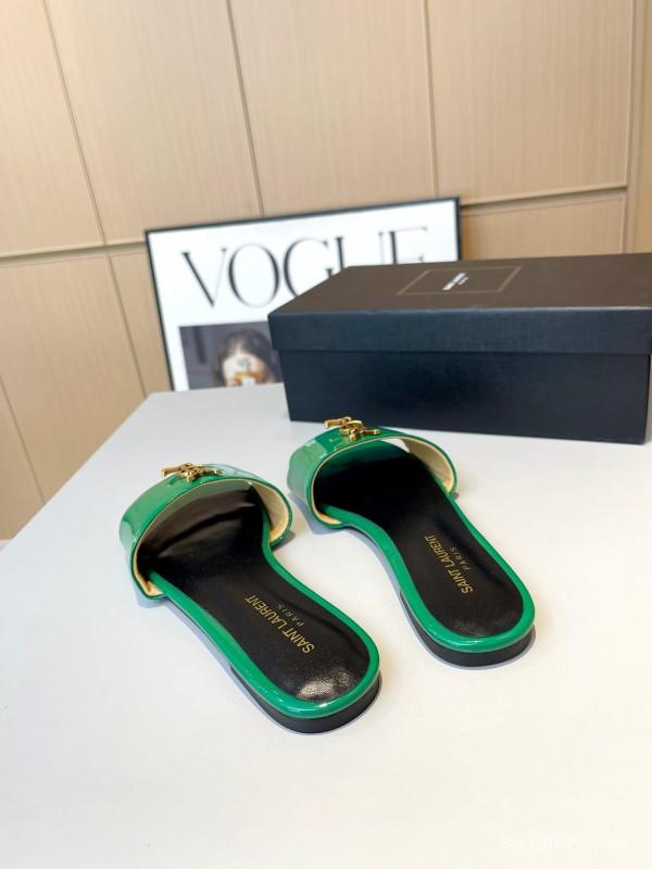 2025 Women Yves Saint Laurent Green Leather Slippers LY00180