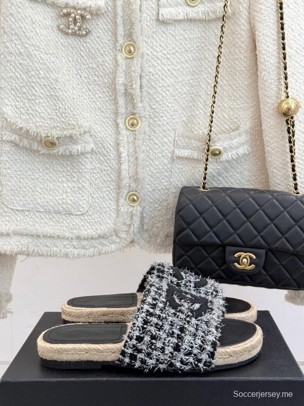 2025 Slippers Chanel Black White Tweed Espadrille Handcrafted KFY00230