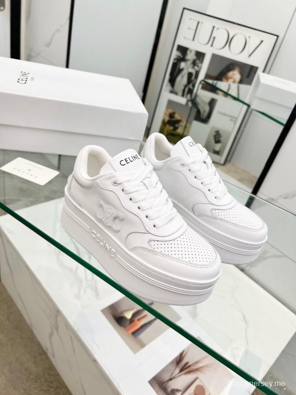2025 Women Celine White Leather Platform Sneakers Embossed KFY00270