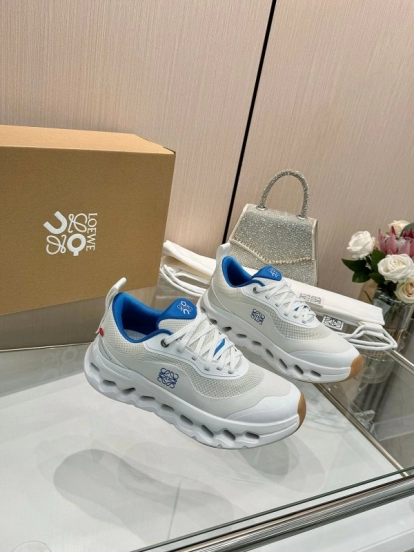 2025 Women Loewe White Blue Mesh Leather Sneakers