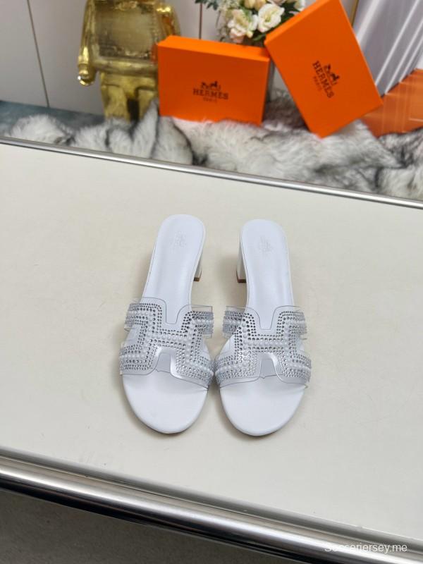 2025 Slippers Hermès White Leather Crystal MJ00180