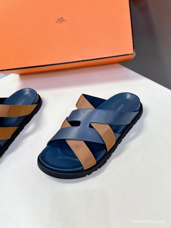 2025 Slippers Hermès Blue Brown Leather Slippers