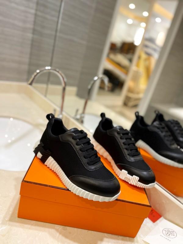 2024 Unisex Hermès Black Imported Glazed Calfskin Imported Rain Velvet Casual Sneakers MJ00320